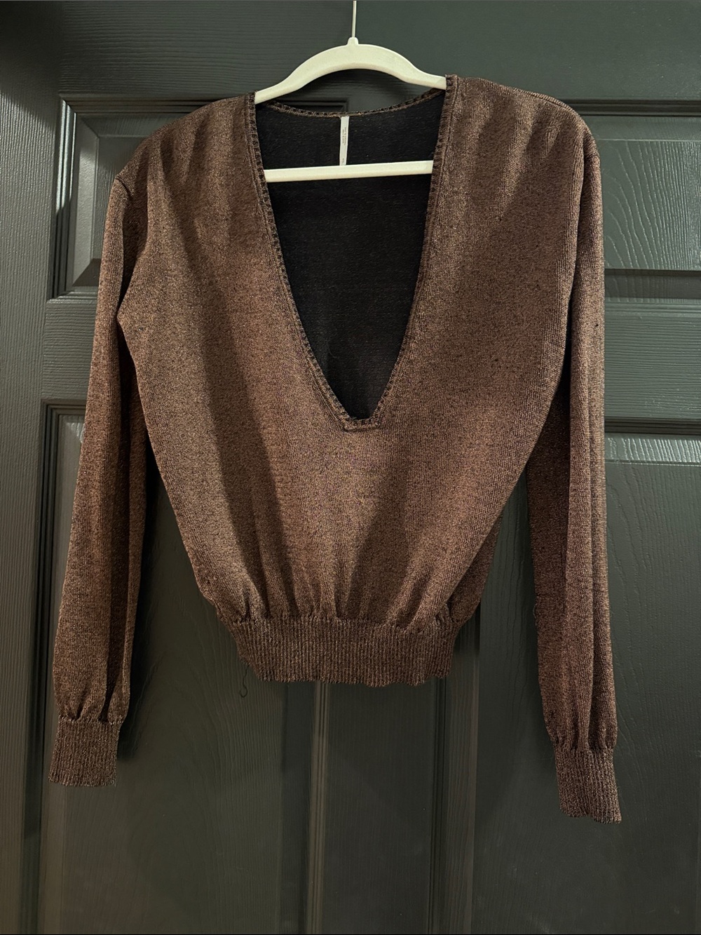 Free People Bronze Shimmer Deep V-Neck Sweater Top Size Small